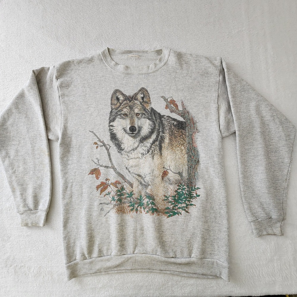Vintage Wolf Graphic Sweatshirt Womens Medium Gray Crewneck Nature Forest Animal